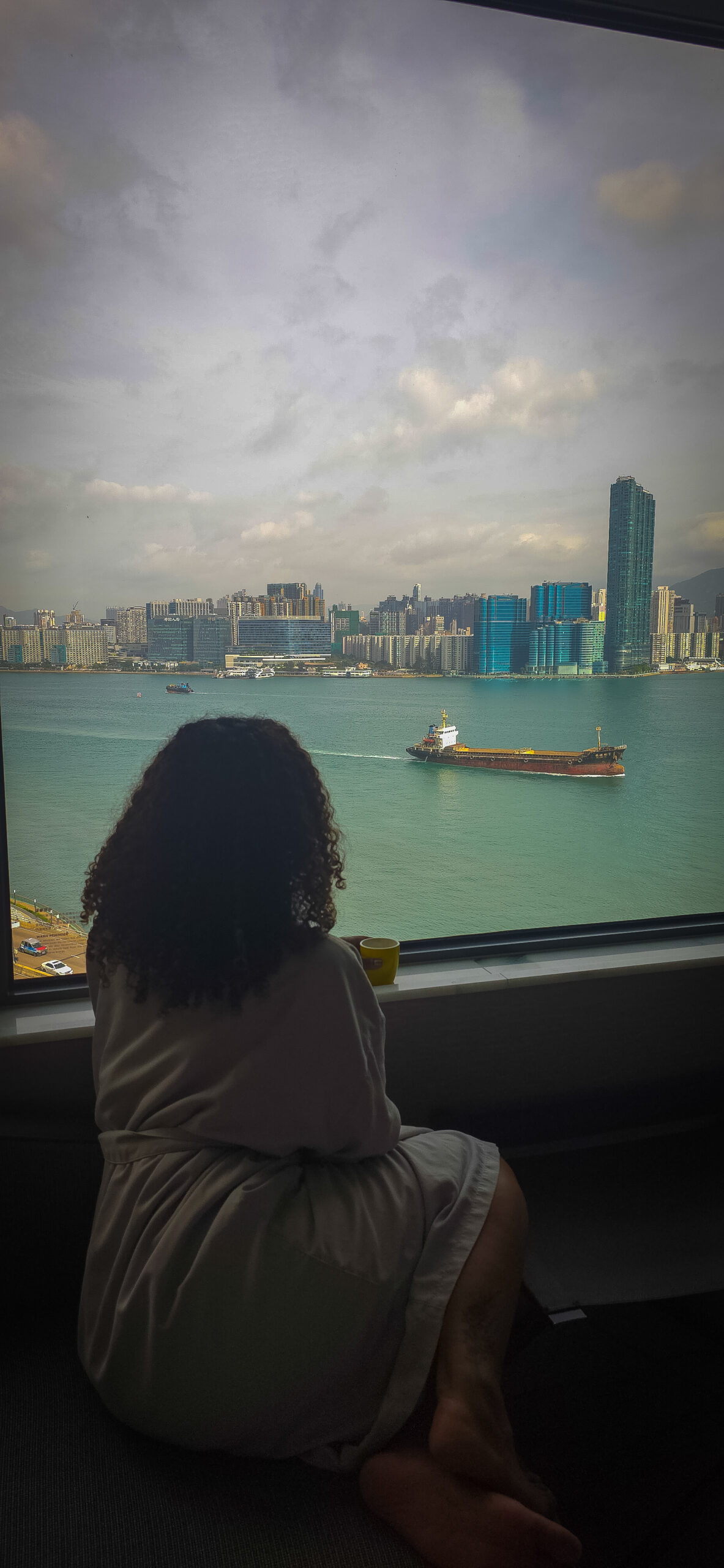 enjoying coffee in my room at hyatt centric victoria harbour hong kong