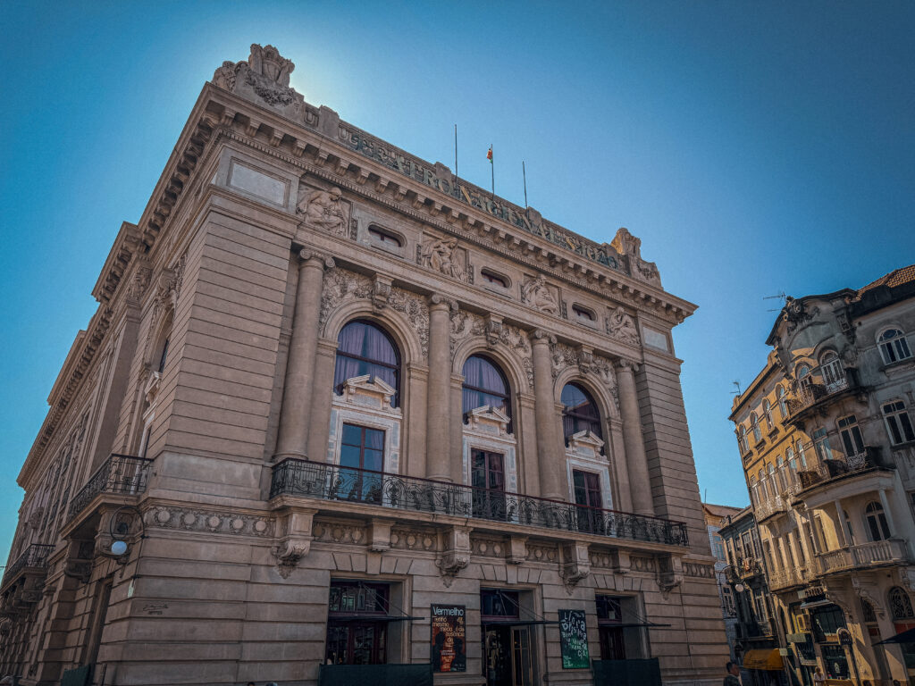 Teatro Nacional São João historic theater building in Porto Portugal with neoclassical architecture and evening light